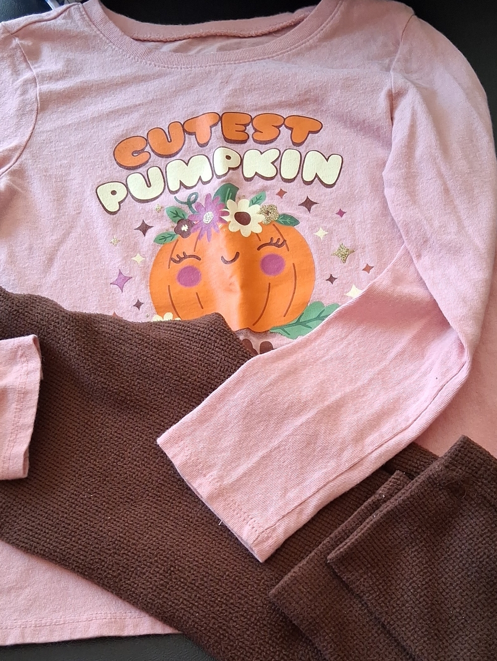 "Cutest Pumpkin in the Patch" Kids Long-Sleeve Top/Brown Cozy Pant Adorable Set.